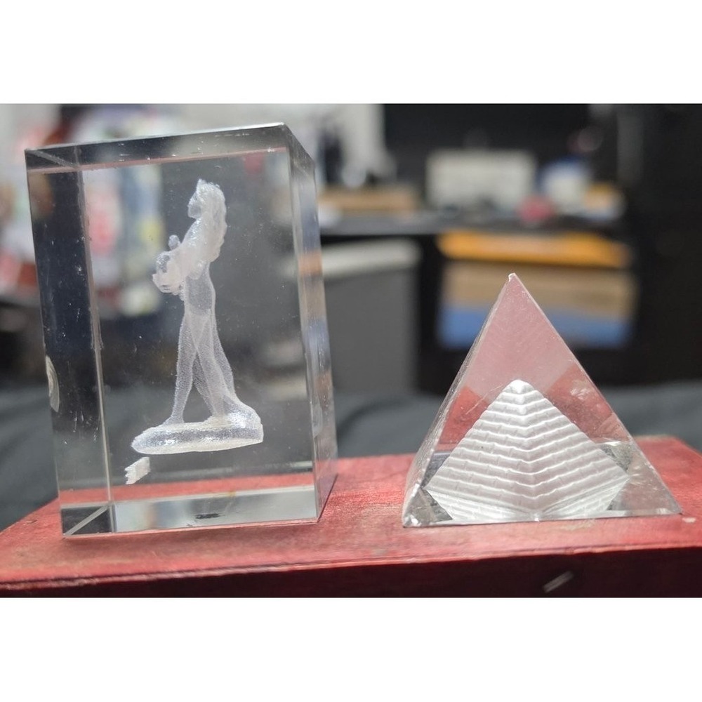 Vintage PYRAMID Crystal Figurine Etched Block and Stepped Pyramid Set Clear